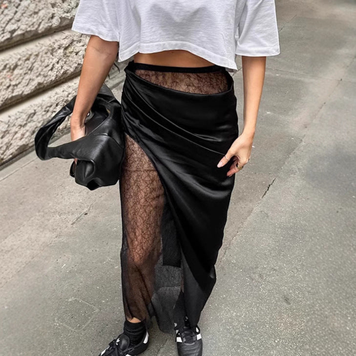 Black wrapped lace fart curtain skirt women's fashion asymmetrical splicing A-line skirt