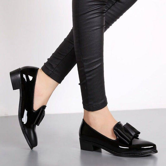Bow pointed PU bow shallow mouth low heel one foot kick solid color
