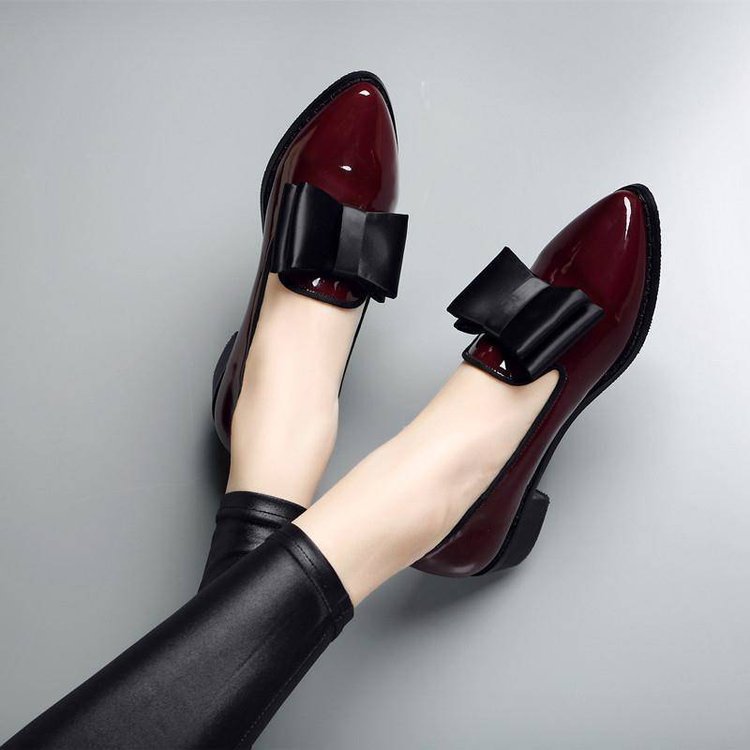 Bow pointed PU bow shallow mouth low heel one foot kick solid color