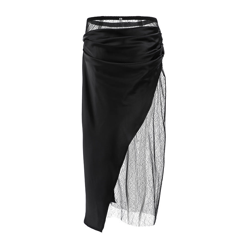Black wrapped lace fart curtain skirt women's fashion asymmetrical splicing A-line skirt