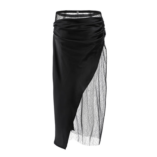 Black wrapped lace fart curtain skirt women's fashion asymmetrical splicing A-line skirt