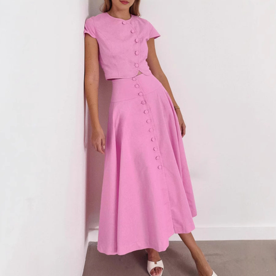 A-line long skirt set women's pink shirt and skirt two-piece set ﻿