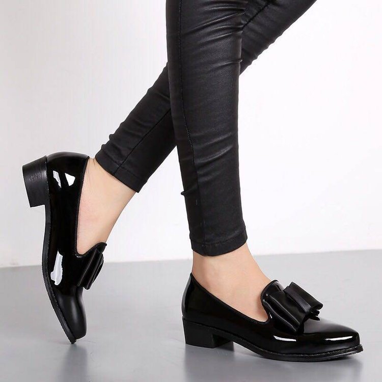 Bow pointed PU bow shallow mouth low heel one foot kick solid color