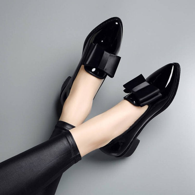 Bow pointed PU bow shallow mouth low heel one foot kick solid color
