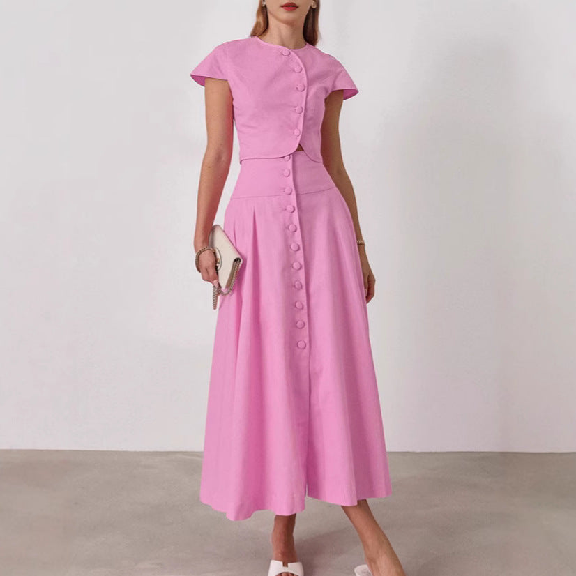 A-line long skirt set women's pink shirt and skirt two-piece set ﻿