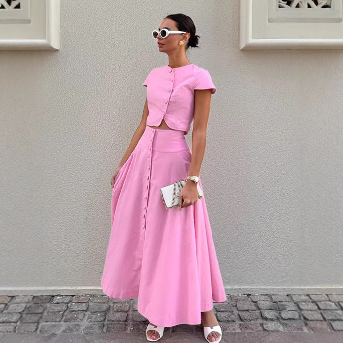 A-line long skirt set women's pink shirt and skirt two-piece set ﻿