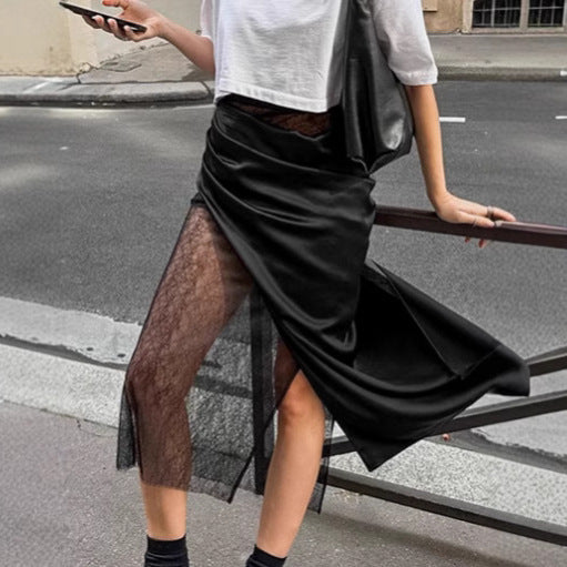 Black wrapped lace fart curtain skirt women's fashion asymmetrical splicing A-line skirt