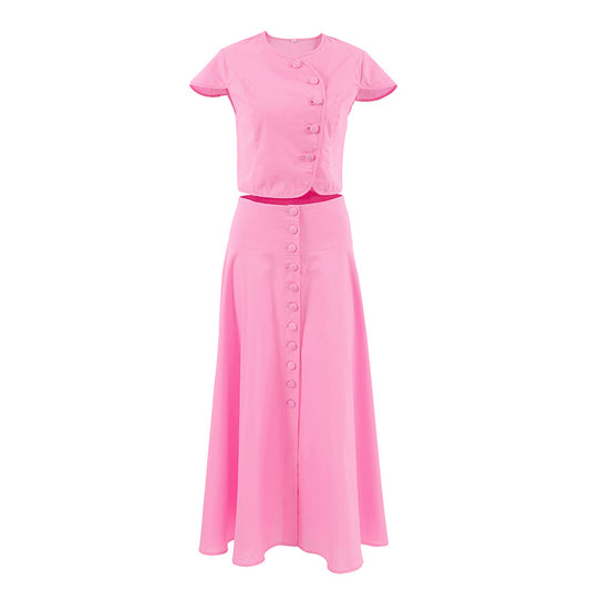 A-line long skirt set women's pink shirt and skirt two-piece set ﻿
