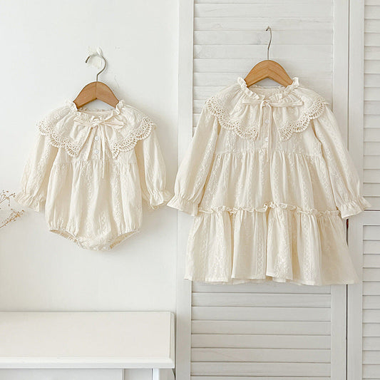 New Design Autumn Floral Embroidery Pattern Baby Kids Girls Bow-Tied Collar Onesies And Dress – Princess Sister Matching Set-0